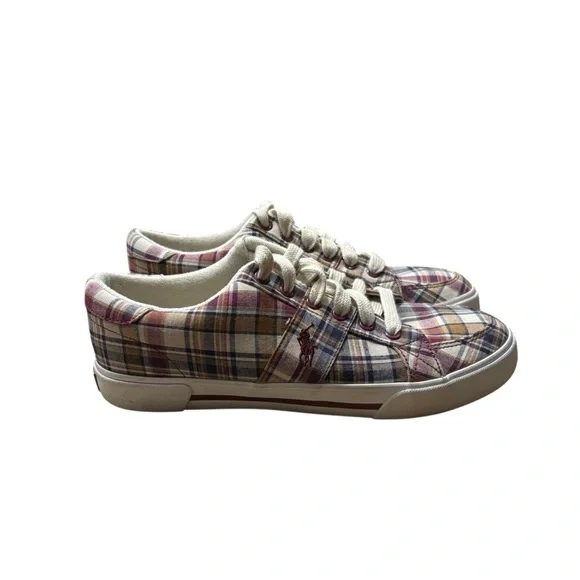 POLO RALPH LAUREN Madras Maroon / Tan Plaid‎ Humberto Canvas Sneakers Size 8D - Picture 2 of 9